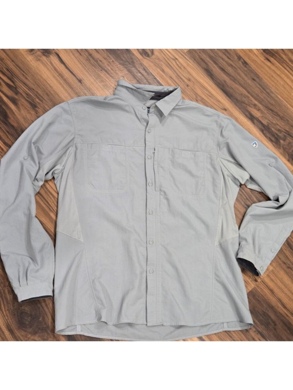 Kuhl Mens XL Gray Hiking Shirt Long Sleeve Roll Tab Vented Performance Button Up
